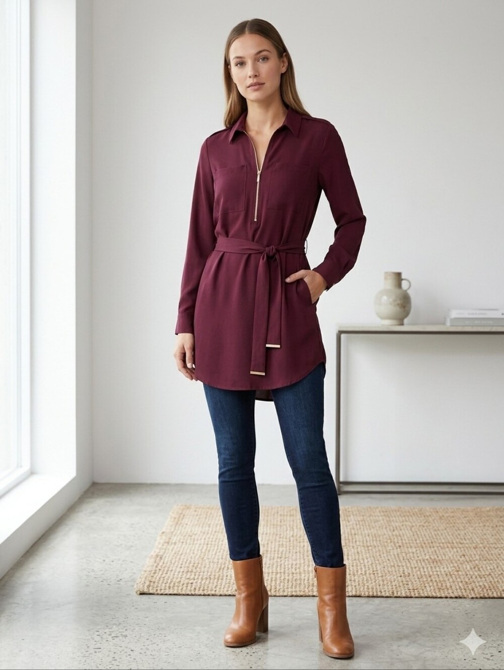 Women's Long Sleeve Burgundy Tunic with Zip Front and Waist Tie